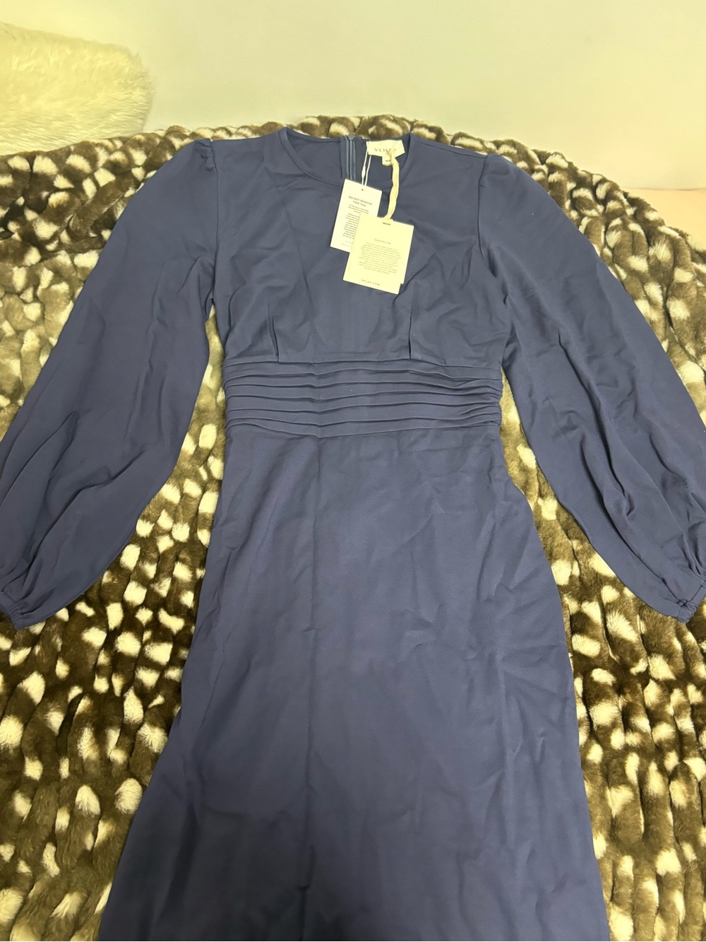 Veiled Women's Long Sleeve Pleated Waist Midi Dress - Navy Blue